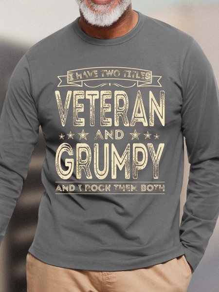 

Men Two Titles Veteran And Grumpy Casual Text Letters T-Shirt, Gray, Long Sleeves