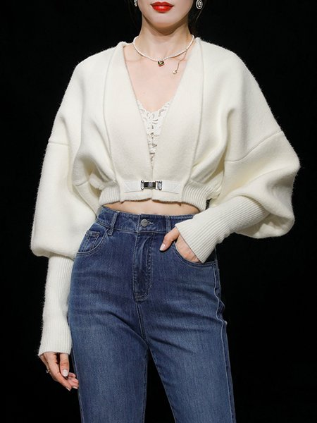 

Plain Daily Long sleeve V Neck Urban Sweater Coat, White, Cardigans