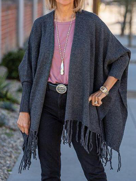 

High Elasticity Loose V Neck Long sleeve Sweater Coat, Deep gray, Cardigans