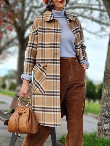 

Urban Plaid Long Sleeve Loose Overcoat, Khaki, Coats