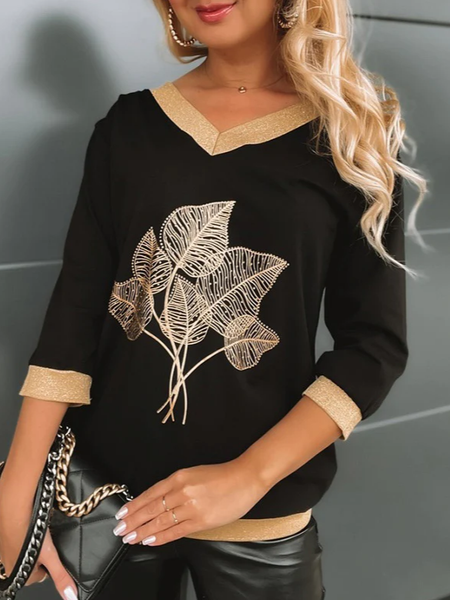 

V Neck Leaf Casual Sweatshirts, Black, Sweatshirts & Hoodies