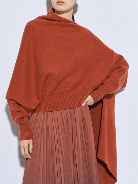 

Loose Daily Long sleeve Plain Asymmetrical Sweater, Orange, Pullovers
