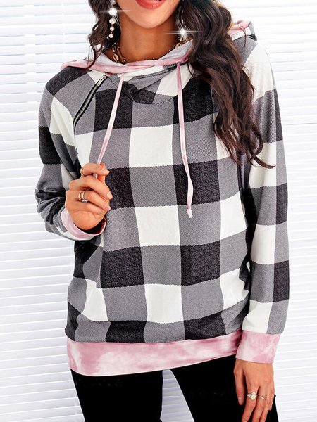 

Plaid Casual Loose Wibbing Hoodie Sweatshirts, Black-white, Hoodies & Sweatshirts
