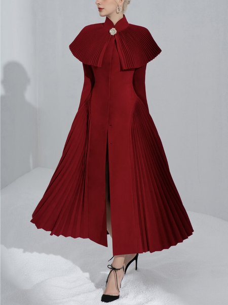 

Elegant Stand Collar Plain Long Sleeve Overcoat, Red, Coats