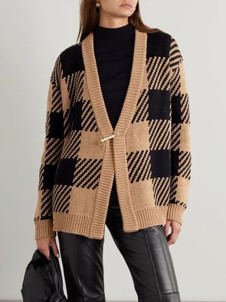 

Long sleeve Regular Fit V Neck Plaid Sweater Coat, Khaki, Cardigans