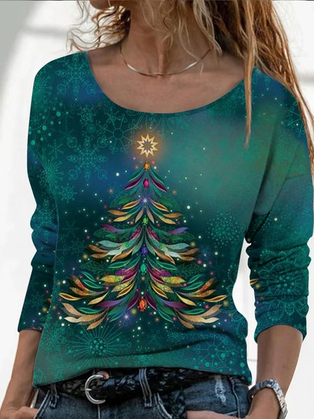 

Gradient Christmas tree loose Pullover T-shirt plus size, Green, T-Shirts