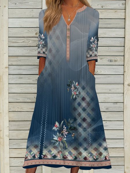 

Gradient Flower Button loose a-hem Dress Plus Size, Blue, Dresses