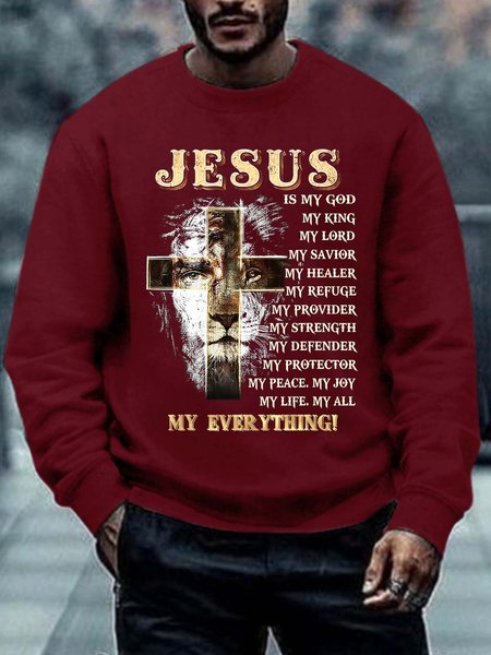 

Men Jesus My Everything Lion Cross Letters Regular Fit Sweatshirt, Red, Hoodies&Sweatshirts