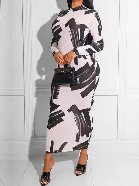 

Tight High Elasticity Long sleeve Abstract Stand Collar Dresses, Black, Maxi Dresses
