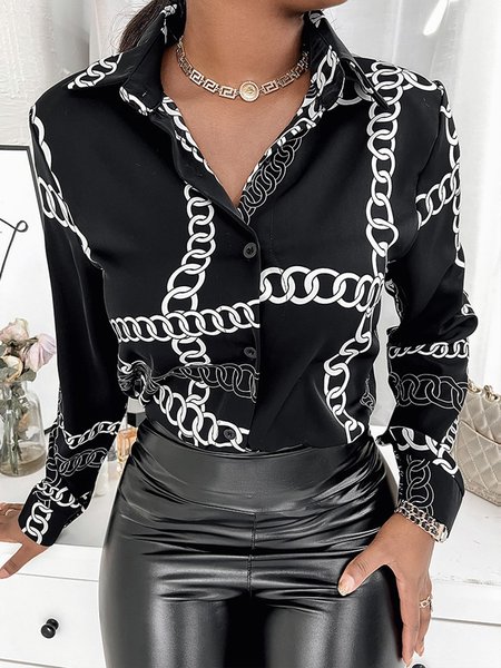 

Urban Daily Shirt Collar Regular Fit Abstract Blouse, Black, Blouses and Shirts