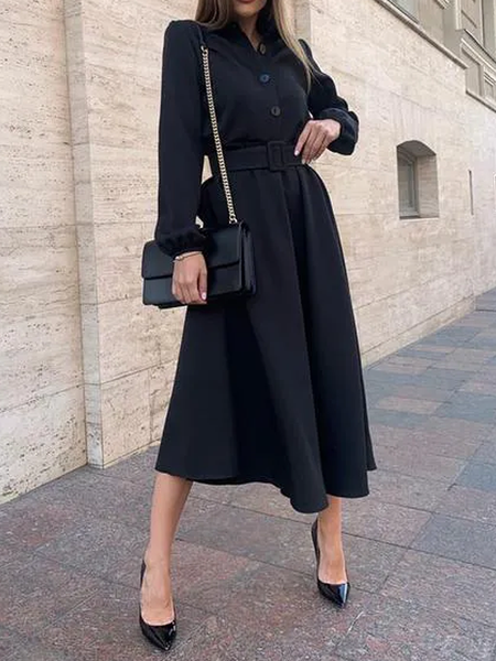 

Loose Shirt Collar Long sleeve Plain Dresses, Black, Midi Dresses
