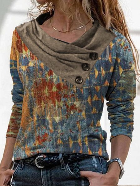 

Ethnic Geometric Shawl Collar Vintage Loose Tops, Multicolor, Tops