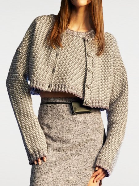 

Casual Two Piece Plain Crew Neck Set, Gray, Two-piece Set