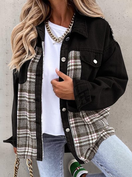 

Shirt Collar Casual Denim Jacket, Black, Jackets