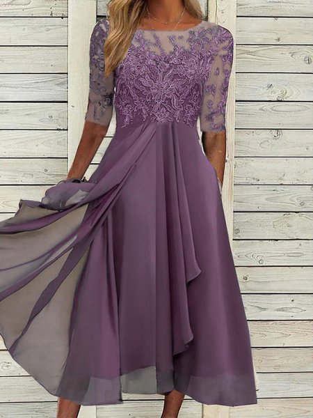 

Plain Elegant Autumn Swing Crew Neck Holiday Midi Dress for Women, Purple, Dresses