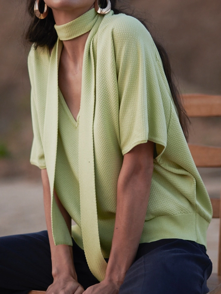 

High Elasticity Loose V neck Short sleeve Urban Plain Sweater, Green, Pullovers