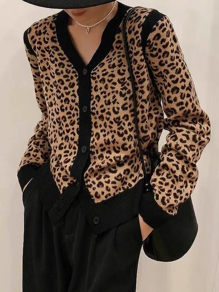 

Loose Urban Leopard V neck Long sleeve Sweater Coat, Cardigans