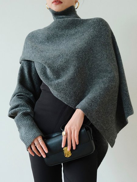 

Daily Gray Turtleneck Long sleeve Plain Urban Sweater, Pullovers