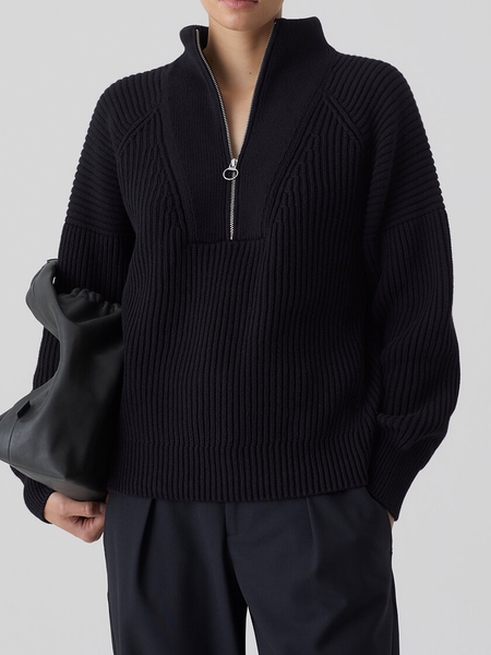 

High Elasticity Plain Loose Stand Collar Long sleeve Sweater, Black, Pullovers