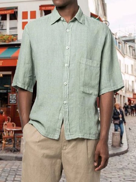 

Men's Cotton Linen Short Sleeve Shirt, Green, Short Sleeve Shirts