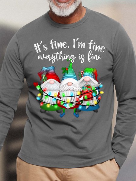 

Men Gnomes Merry Christmas I’m Fine Casual T-Shirt, Gray, Long Sleeves