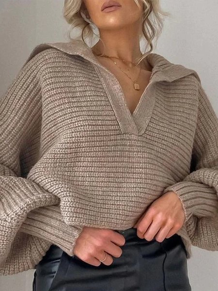 

Casual Loose Plain Long Sleeve Sweater, As picture, Pullovers