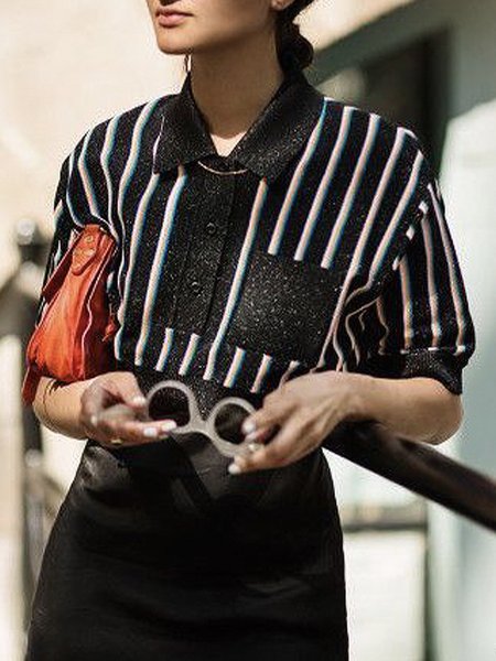 

Loose Short sleeve Urban Striped Sweater, Black, Pullovers