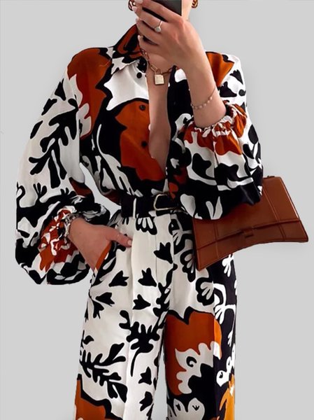 

Holiday Shirt Collar Printed Long Sleeve Blouse, As picture, Blouses and Shirts