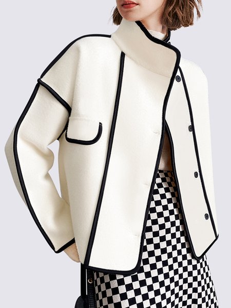 

Color Block Piping Stand Collar Loose Jacket, White, Jackets