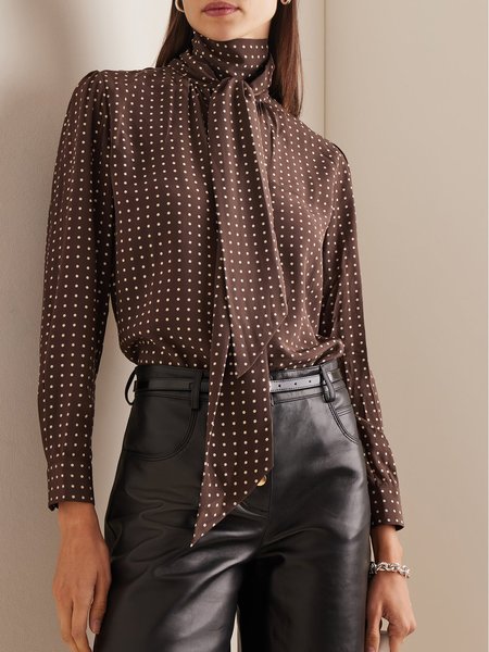 

Urban Stand Collar Polka Dots Bow Blouse, Brown, Blouses and Shirts