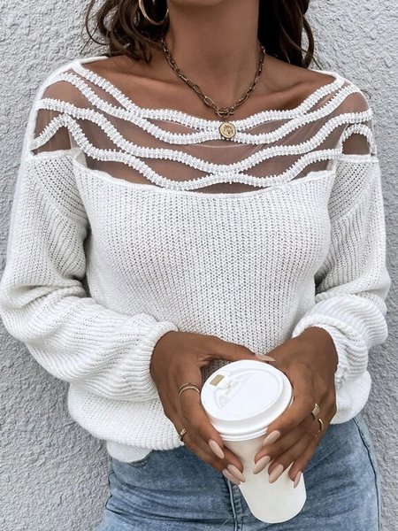

Lace perspective loose Pullover Sweater plus size, White, Sweaters