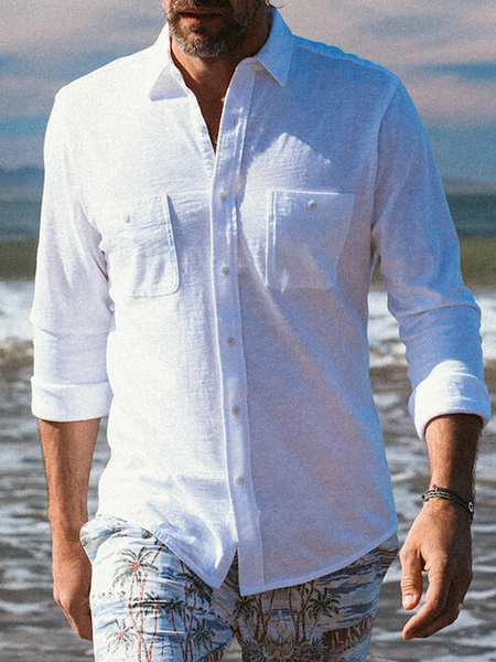 

American leisure net color cotton and linen style flax long sleeve Shirt, As picture, Long Sleeve Shirts