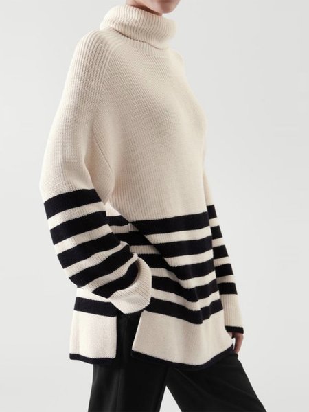 

Simple Loose Long Sleeve Striped Sweater, Black-white, Pullovers