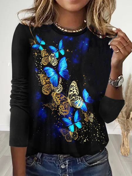 

Casual Butterfly Print Crew Neck T-Shirt, Black, T-Shirts