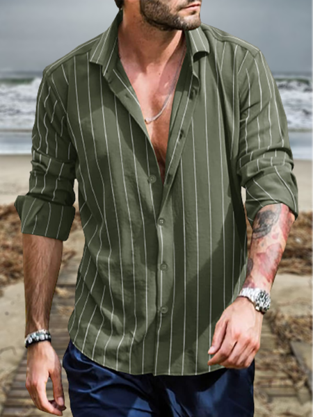 

Cotton and linen American casual style stripes flax long sleeve Shirt, As picture, Long Sleeve Shirts