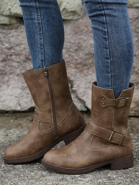 

Vintage Casual Buckle Design Riding Boots, Brown, Boots
