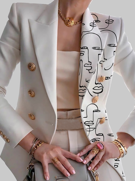 

Autumn Commuting Long sleeve Lapel Collar Abstract Loose Blazer, White, Outerwear