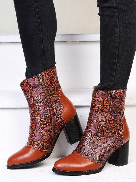 

Vintage Distressed Floral Embossed Chunky Heel Boots, Brown, Boots