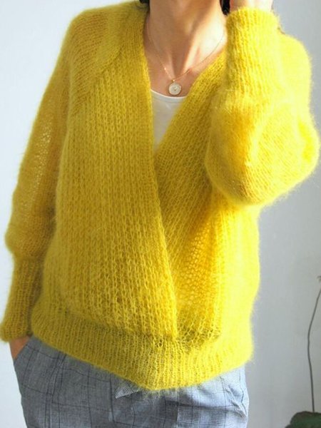 

Urban Simple Cross Neck Plain Sweater, Yellow, Pullovers
