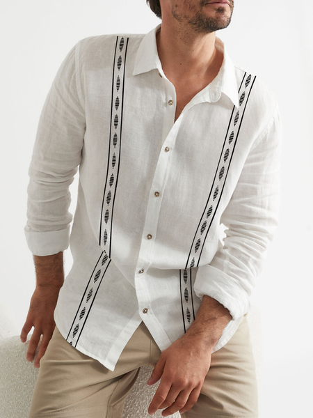 

Cotton and linen American style leisure net spend flax long sleeve shirt color stripe, As picture, Long Sleeve Shirts