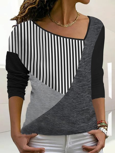 

Loose Casual V Neck Geometric Top, Multicolor, Tops