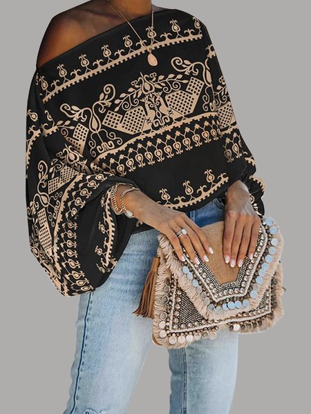 

Ethnic Lantern Sleeve Cold Shoulder Loose T-Shirt, Black, Blouses and Shirts