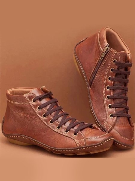 

Vintage Leather Soft Sole Comfort Front Lace-Up Side Zip Flat Booties, Brown, Boots