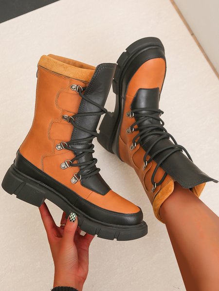 

Vintage Contrast Lace-Up Tall Chunky Heel Outdoor Boots, Brown, Shoes