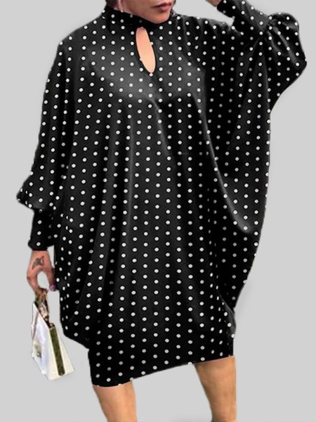 

Elegant Stand Collar Polka Dots Dress, Black, Dresses