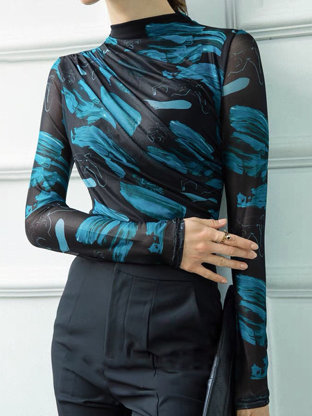 

High Elasticity Tight Urban Stand Collar Long sleeve Abstract T-Shirt, Blue, Tees