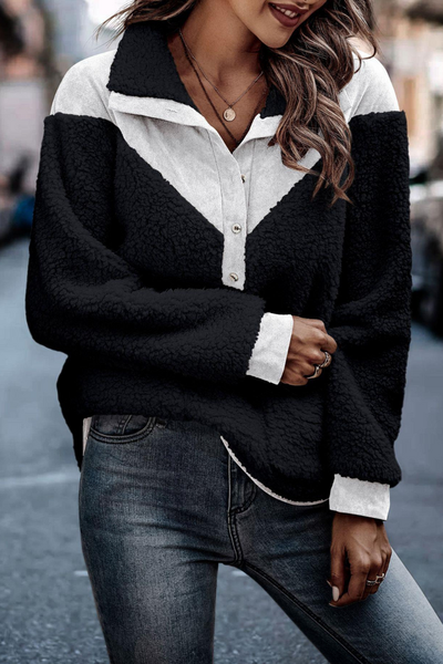 

Teddy Fleece Thickened Contrast Color Stitching Warm Sweater, Black, Hoodies & Sweatshirts