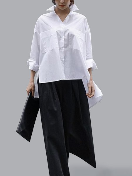 

Daily Long sleeve Urban Plain Shirt Collar Blouse, White, Blouses and Shirts