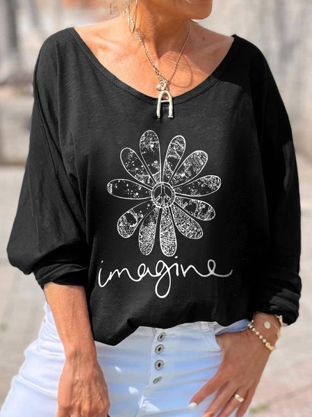 

Casual Imagine Peace Floral Printed Hippie T-shirt, Black, T-Shirts