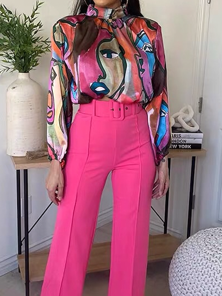 

Abstract Stand Collar Long sleeve Urban Blouse, Multicolor, Blouses and Shirts